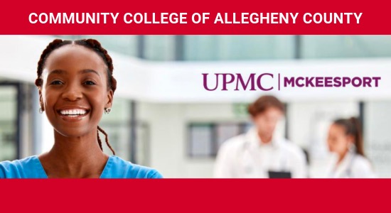 Young woman smiling with medical professionals in background; CCAC and the UPMC McKeesport logos